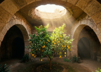Vista épica de uma árvore frutífera crescendo sob o sol em um pátio escavado