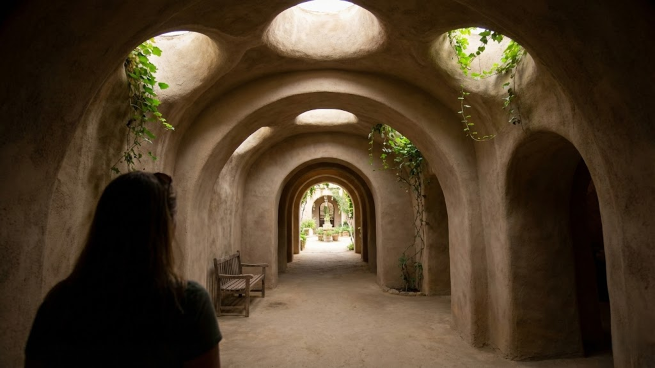 Visão pelos corredores de arcos romanos escavados com luz natural vinda do teto
