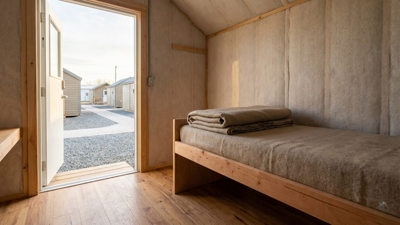 Vista de dentro da cabana mostrando o interior acolhedor e a vila ao fundo