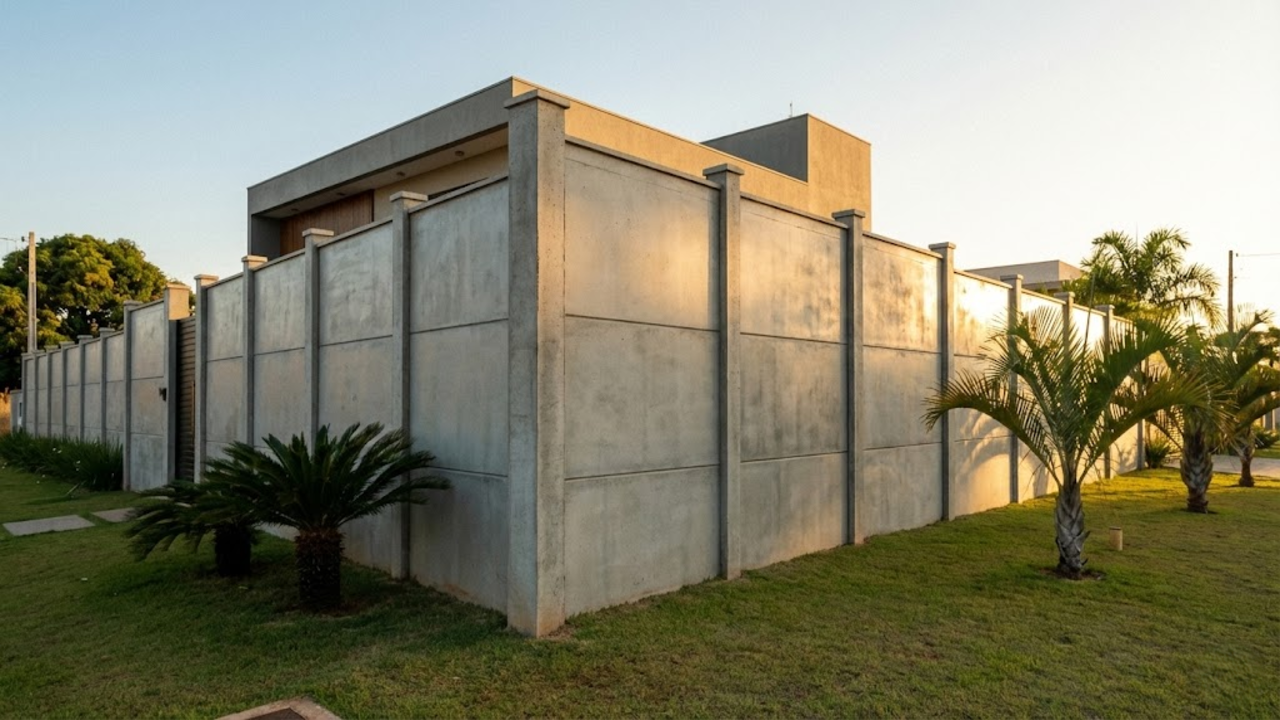 Muro pré-moldado moderno sob a luz dourada protegendo uma casa