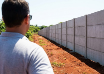 Vista do muro pronto em um loteamento limpo, sem entulho de obra