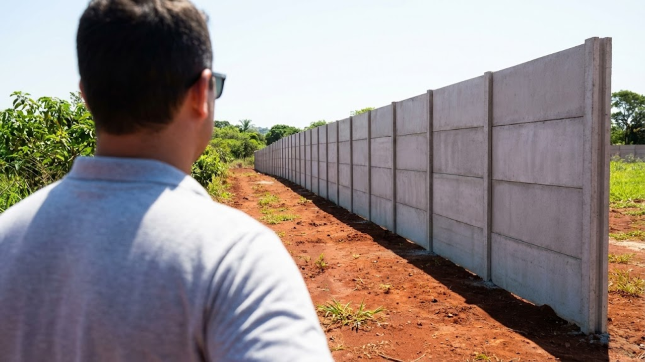 Vista do muro pronto em um loteamento limpo, sem entulho de obra