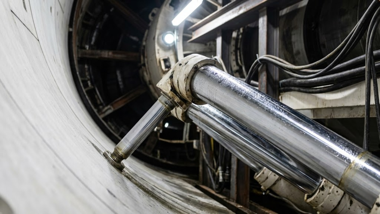 Pistões hidráulicos colossais empurrando a máquina contra os anéis de concreto