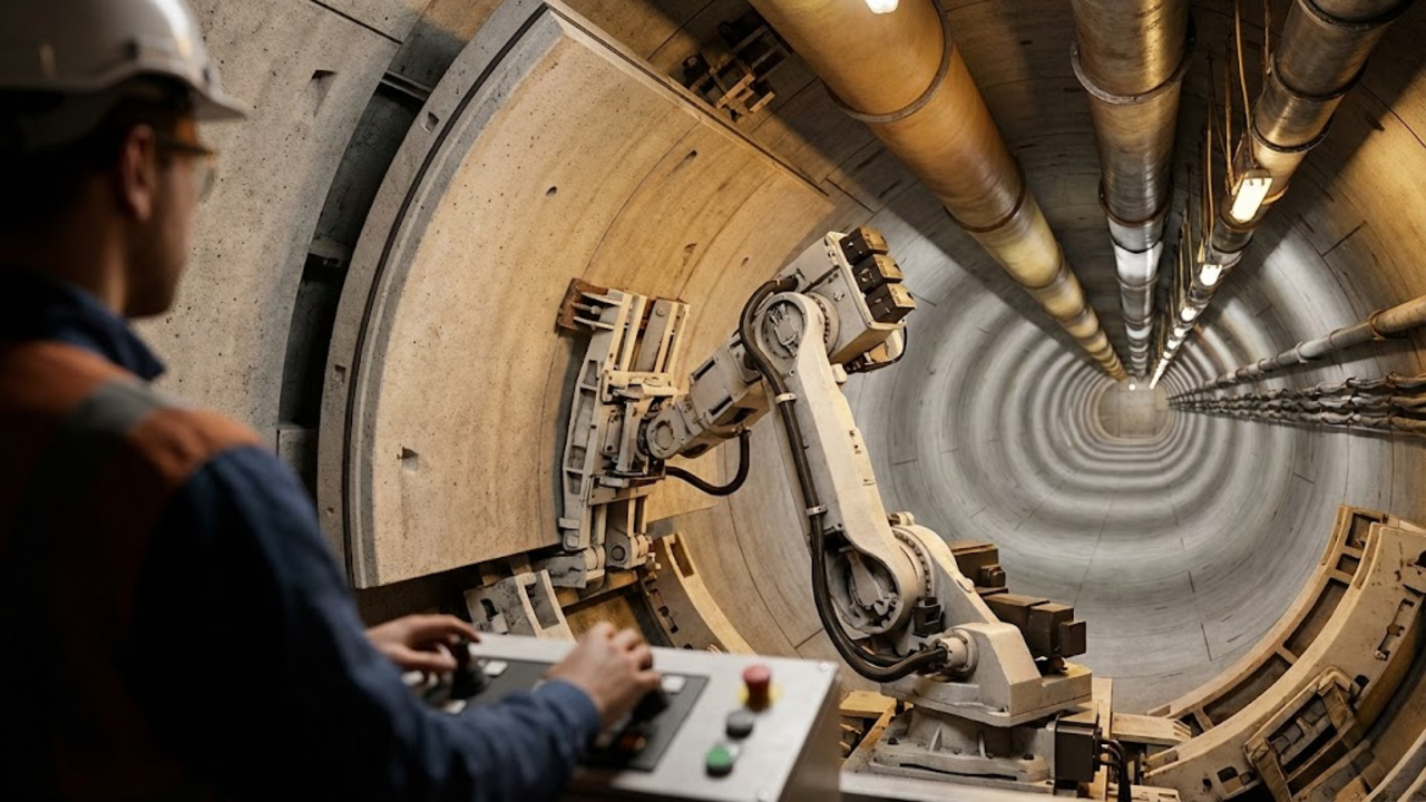 Robô interno montando as pesadas aduelas de concreto no teto do túnel.