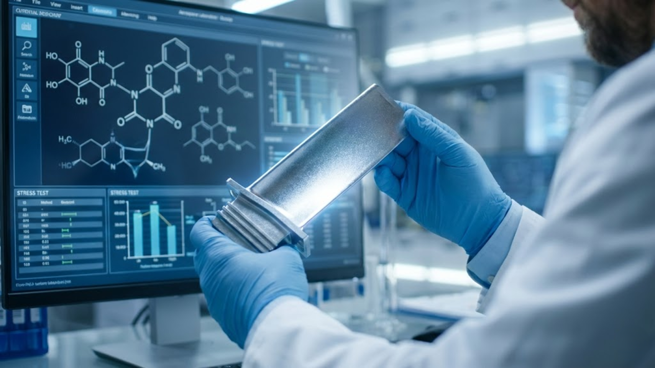 Close-up técnico de uma peça aeroespacial feita de liga de nióbio em um laboratório moderno.