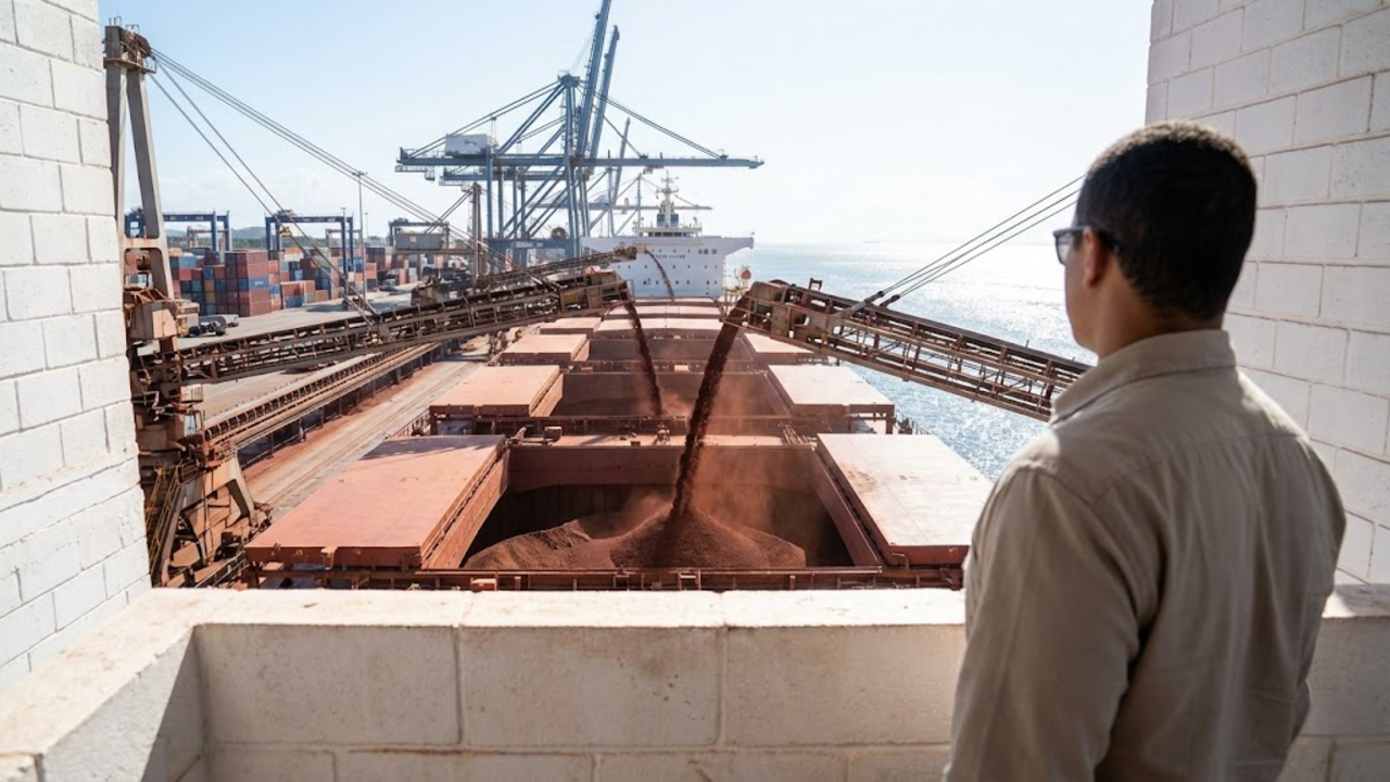 Engenheiro observa o carregamento maciço de minério de ferro em um navio cargueiro rumo à Ásia