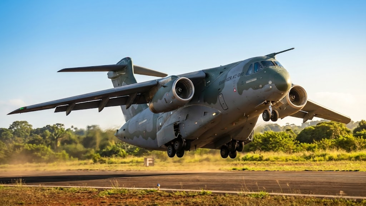 Decolagem épica do KC-390 em ângulo inclinado sob a luz dourada do cerrado.
