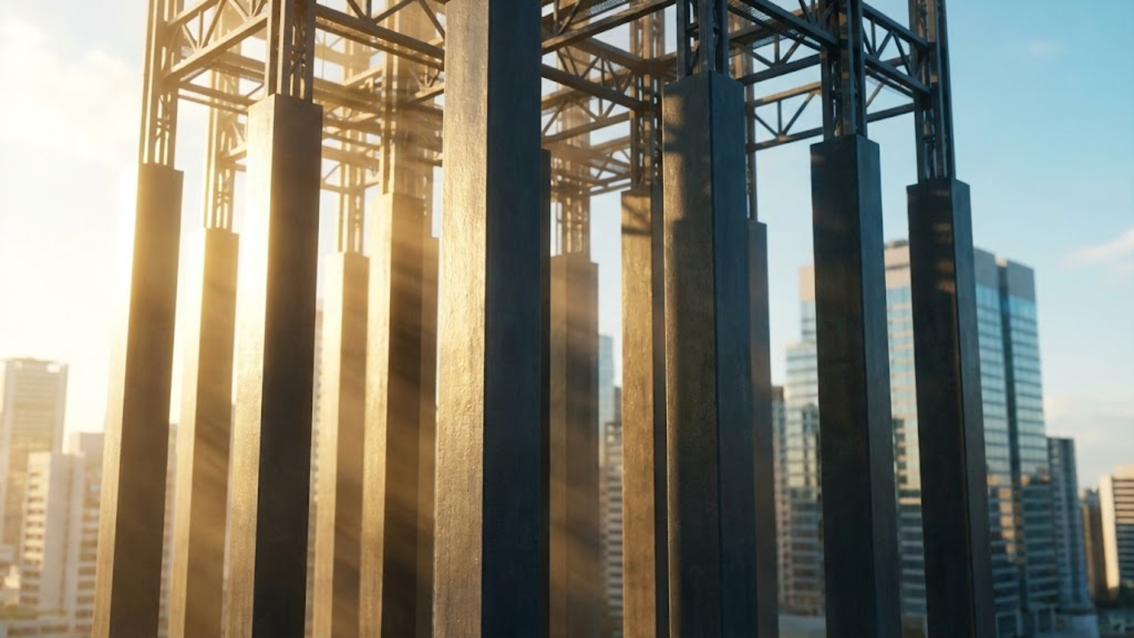 Pilar monumental de concreto ultra-resistente sustentando a base de um arranha-céu moderno sob a luz dourada.