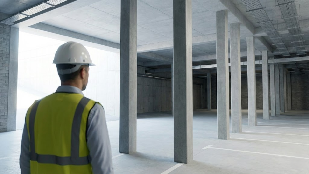 Engenheiro observa colunas esguias de alta resistência que liberam mais espaço útil em projetos de grande escala