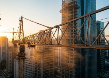 Guindaste de torre imponente sob a luz do pôr do sol em uma metrópole brasileira moderna