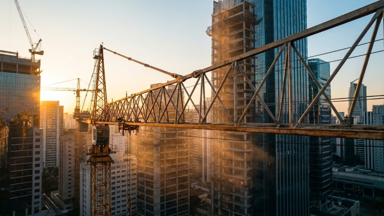 Guindaste de torre imponente sob a luz do pôr do sol em uma metrópole brasileira moderna