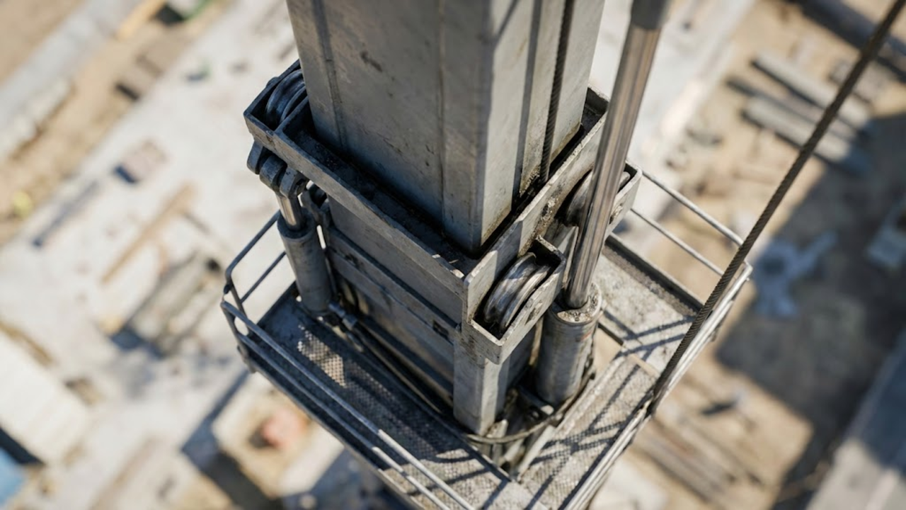 Detalhe do sistema hidráulico de automontagem elevando a seção da torre