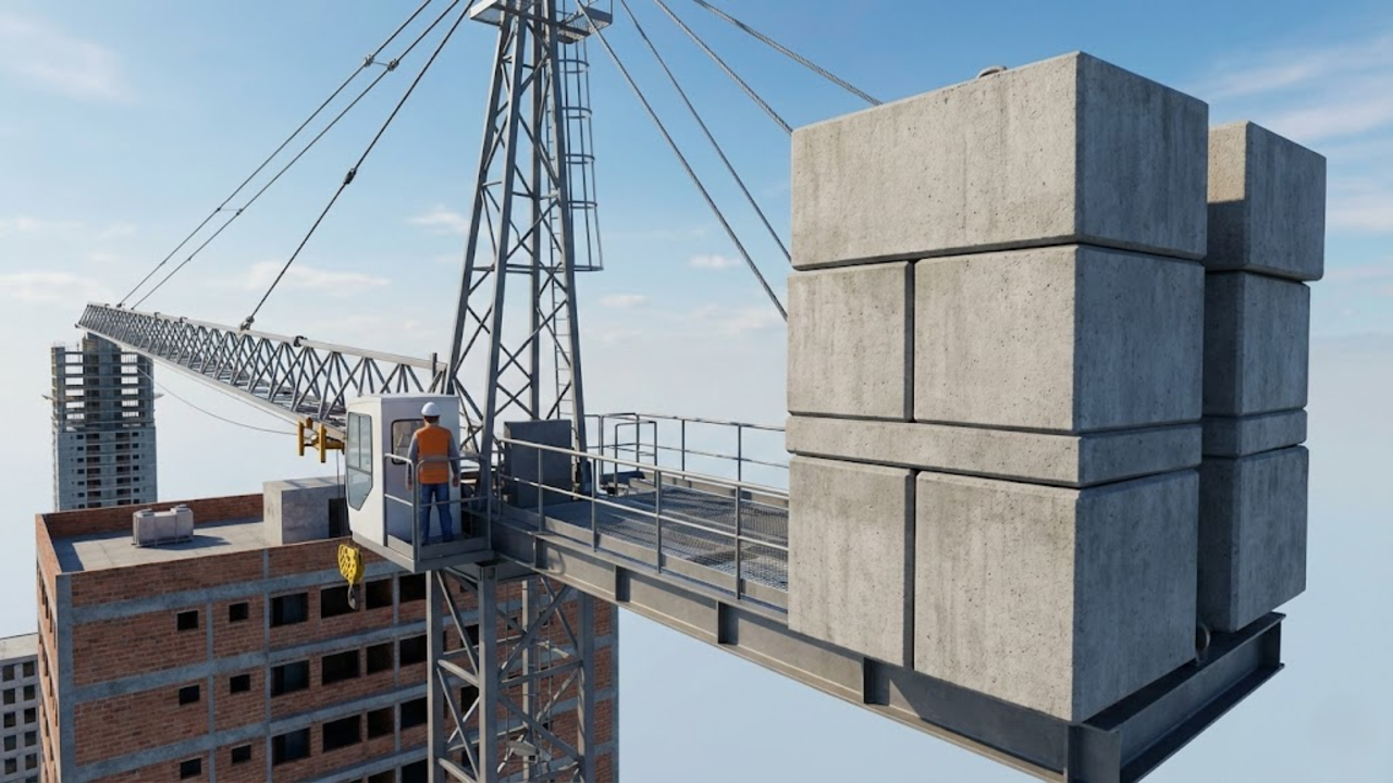 Vista aérea dos blocos de contrapeso garantindo o equilíbrio da estrutura nas alturas
