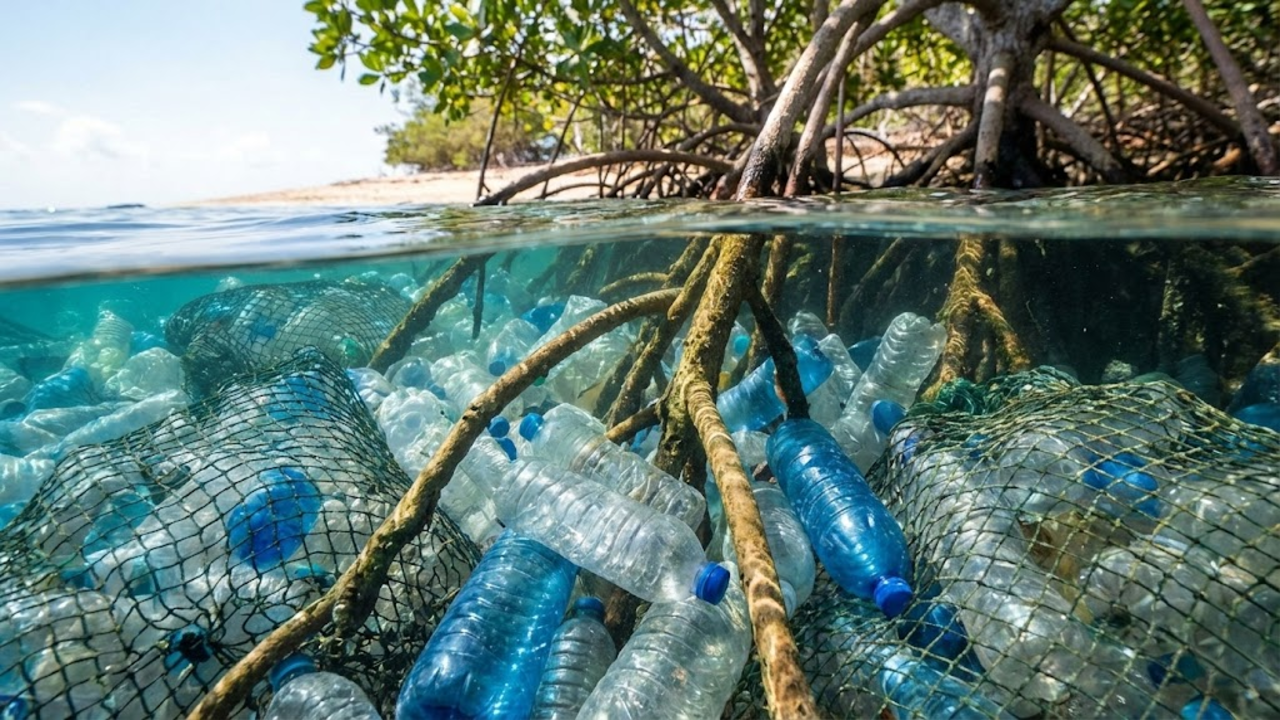 Detalhe das raízes de manguezal se entrelaçando às garrafas PET abaixo da linha d'água