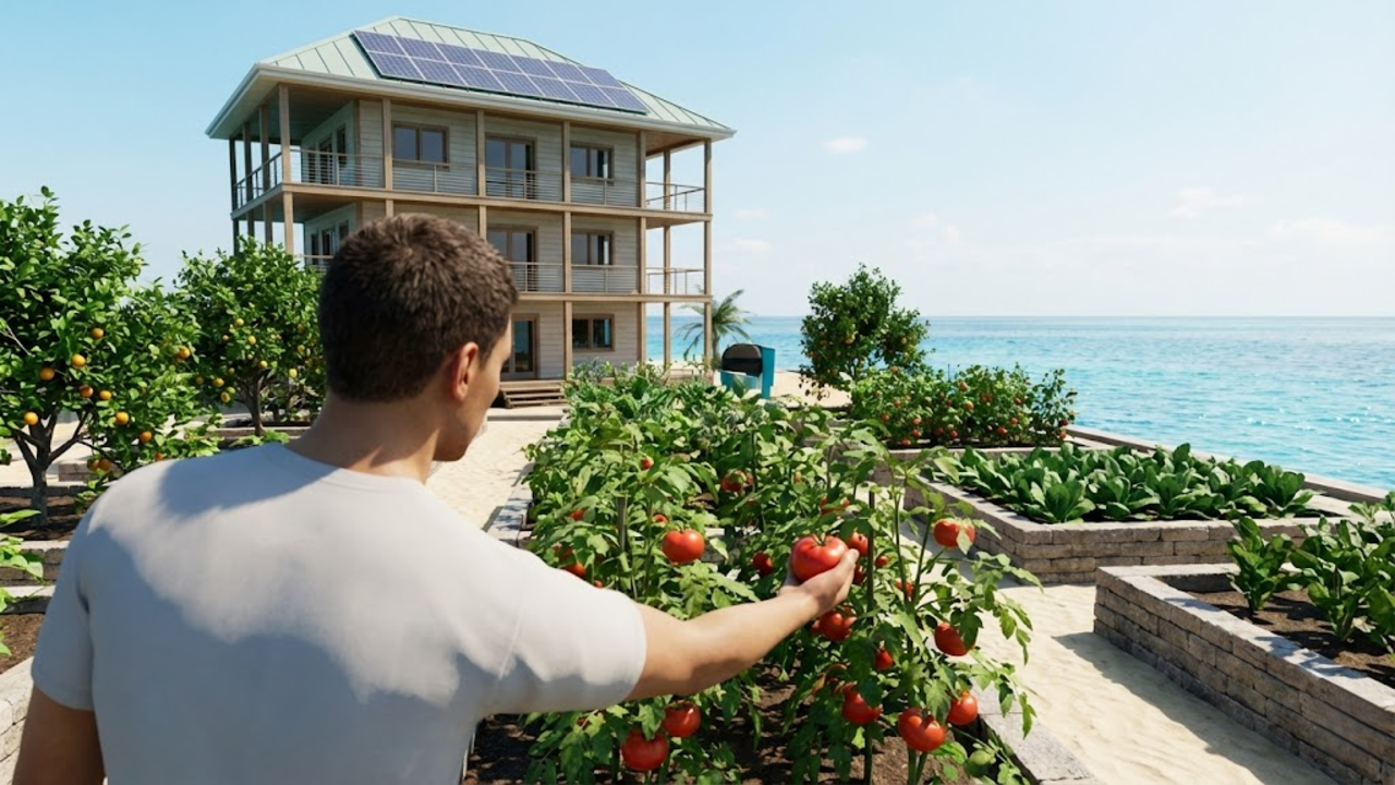 Morador colhendo alimentos na horta da ilha com a casa sustentável e o mar ao fundo.