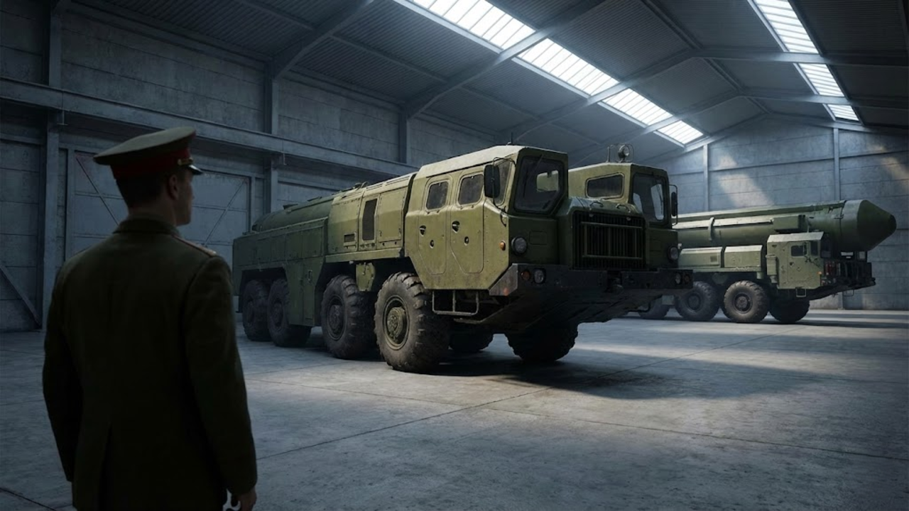 O veterano MAZ-7917 em exposição em um hangar militar, contrastando sua escala colossal com a do seu sucessor ao fundo.