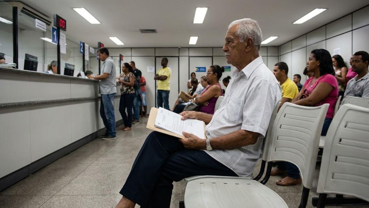 Um senhor idoso aguarda atendimento presencial em uma sala de espera cheia do Detran.