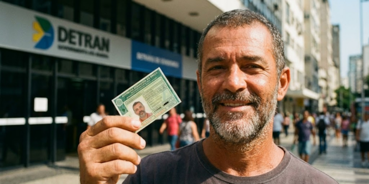 Motorista veterano consultando documento de habilitação digital no celular durante o dia