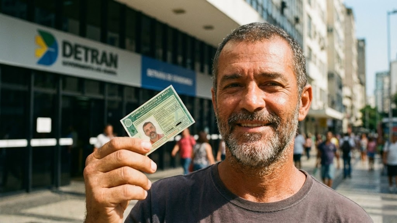 Motorista veterano consultando documento de habilitação digital no celular durante o dia