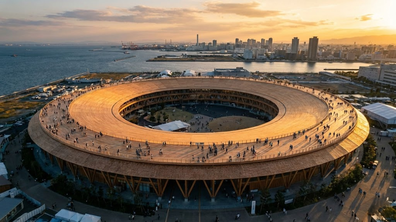 Uma vista aérea impressionante do Great Ring em Osaka durante o pôr do sol, mostrando sua escala gigantesca de madeira abraçando o parque e a baía