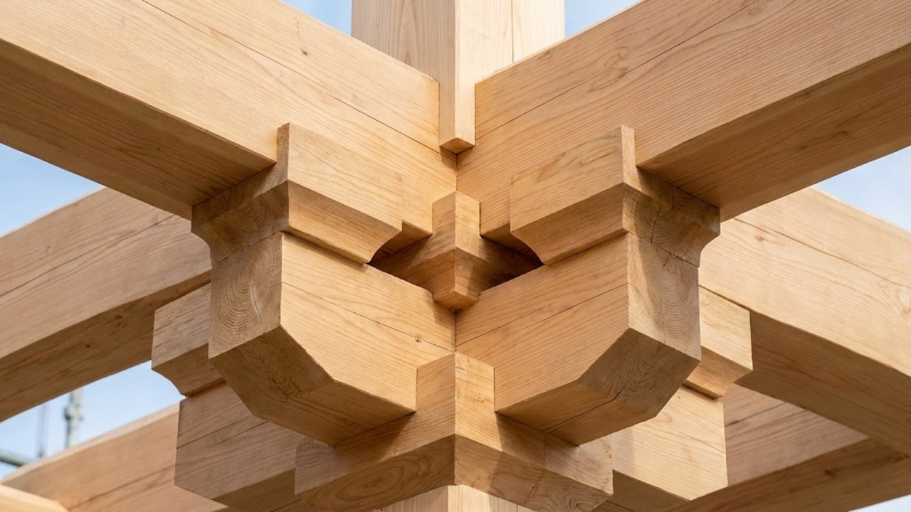 Um close detalhado mostrando os encaixes complexos de madeira maciça da estrutura, sem usar nenhum prego ou parafuso de metal