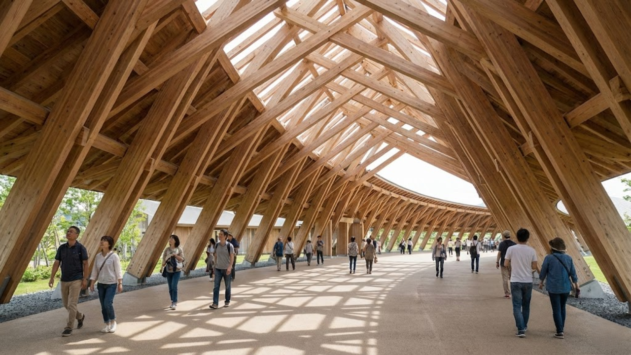 Uma foto ampla de dentro da estrutura, mostrando pessoas caminhando na sombra fresca sob o teto gigante de madeira trançada