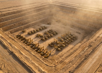 Uma vista aérea monumental do buraco quadrado perfeito no deserto, com dezenas de escavadeiras amarelas paradas no fundo sob a luz do fim de tarde