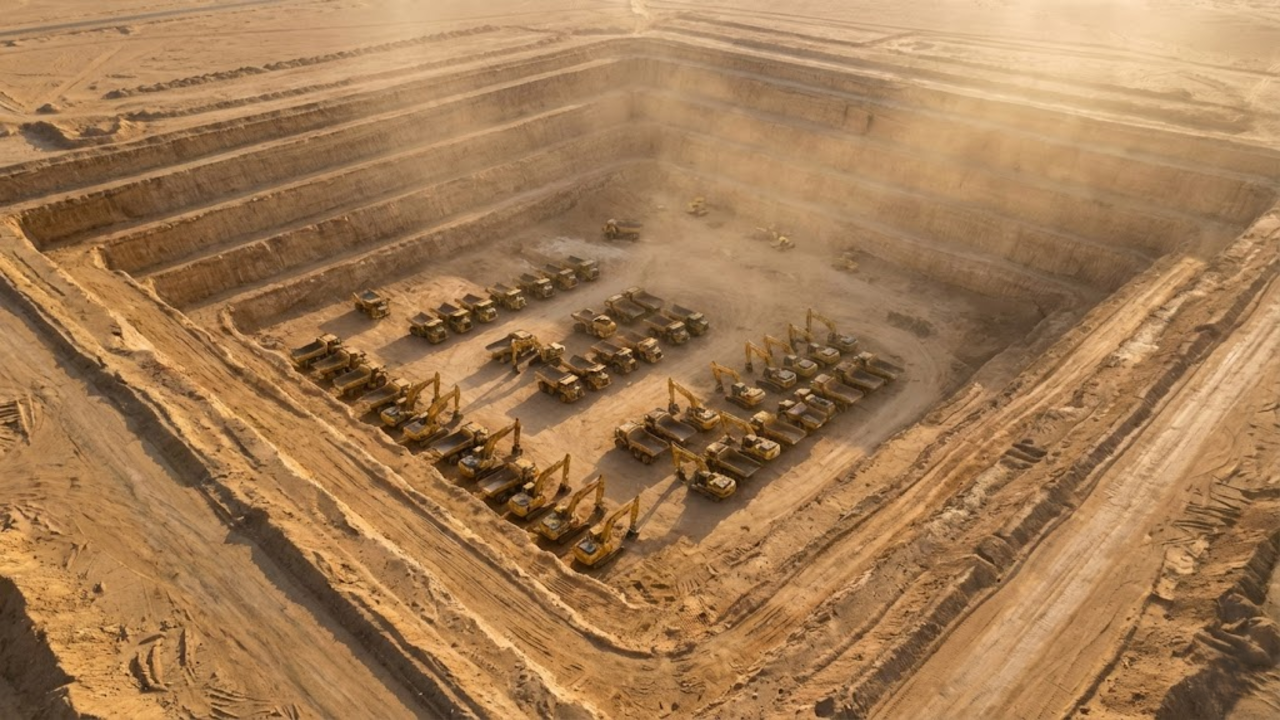 Uma vista aérea monumental do buraco quadrado perfeito no deserto, com dezenas de escavadeiras amarelas paradas no fundo sob a luz do fim de tarde