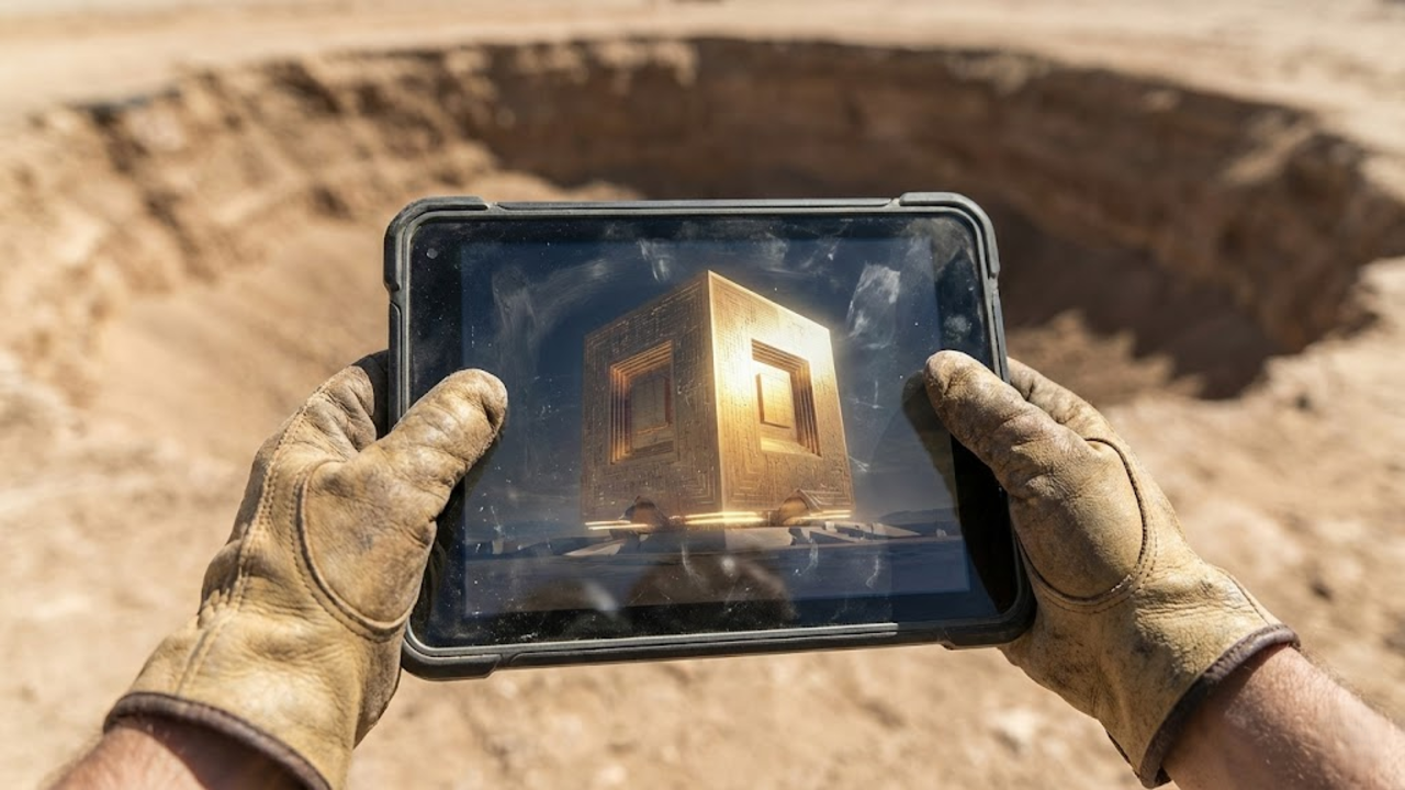 Visão em primeira pessoa de mãos com luvas de obra segurando um tablet que mostra o projeto do cubo, com o enorme buraco desfocado ao fundo