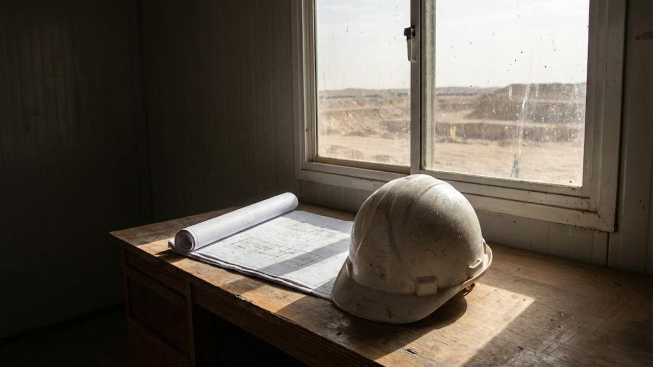 O interior de um escritório de obras vazio, com um capacete empoeirado na mesa e a visão do canteiro abandonado pela janela suja