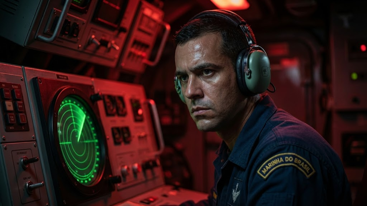 Operador brasileiro focado na tela verde do sonar sob luz tática vermelha