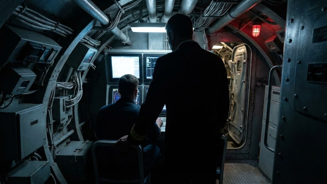 Comandante e operador analisam telas no espaço apertado do submarino