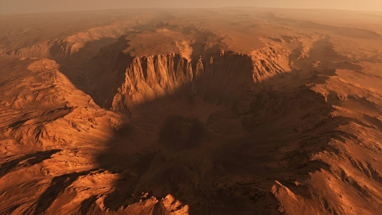 Uma vista aérea monumental e dramática do cânion Kasei Valles em Marte ao pôr do sol, focando no abismo seco da antiga cachoeira gigante