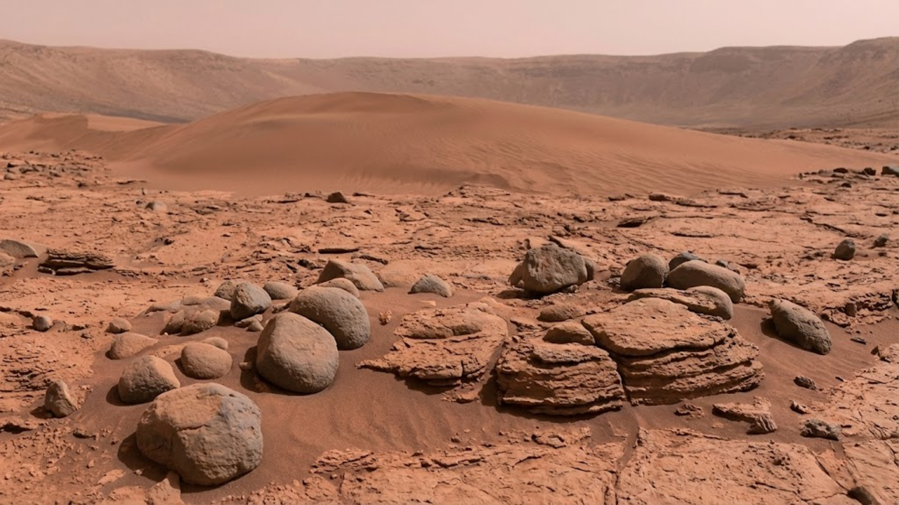 Uma imagem no nível do solo de um leito de rio seco em Marte, focando em rochas arredondadas pela água no passado e dunas de areia