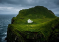 Uma visão panorâmica dramática da casa branca solitária no penhasco verde da Islândia cercada pelo mar escuro