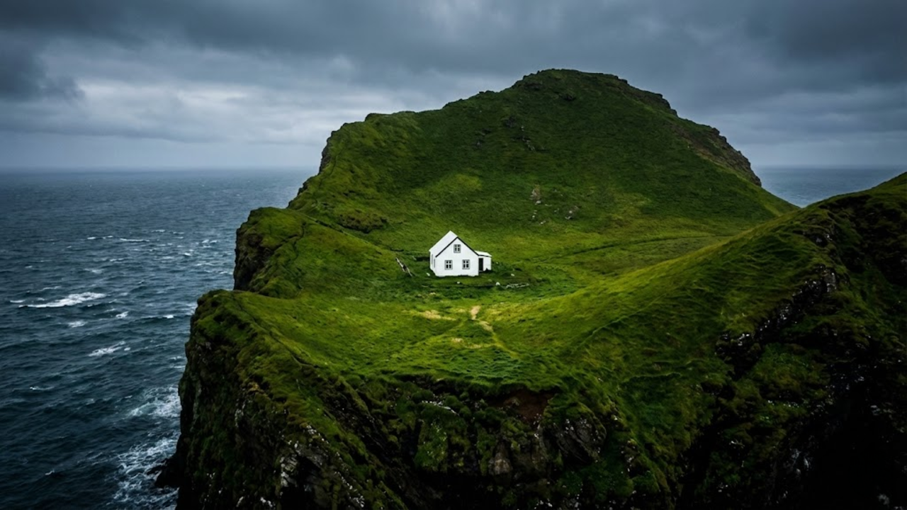Uma visão panorâmica dramática da casa branca solitária no penhasco verde da Islândia cercada pelo mar escuro