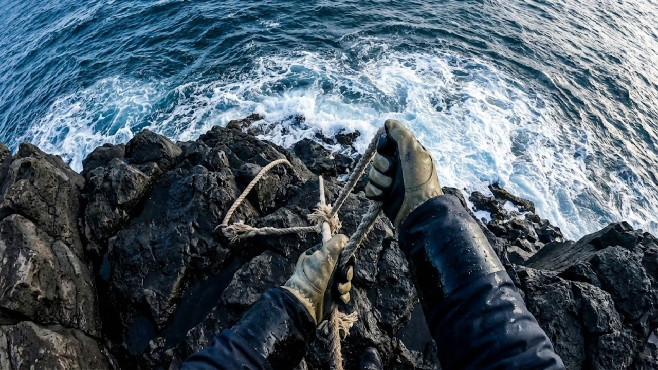 Visão em primeira pessoa de mãos segurando uma corda grossa na pedra molhada com o mar violento batendo logo abaixo