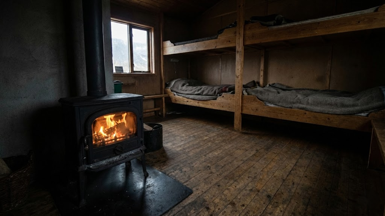 O interior rústico e escuro da cabana iluminado pelo fogo de um fogão a lenha, mostrando beliches de madeira simples.