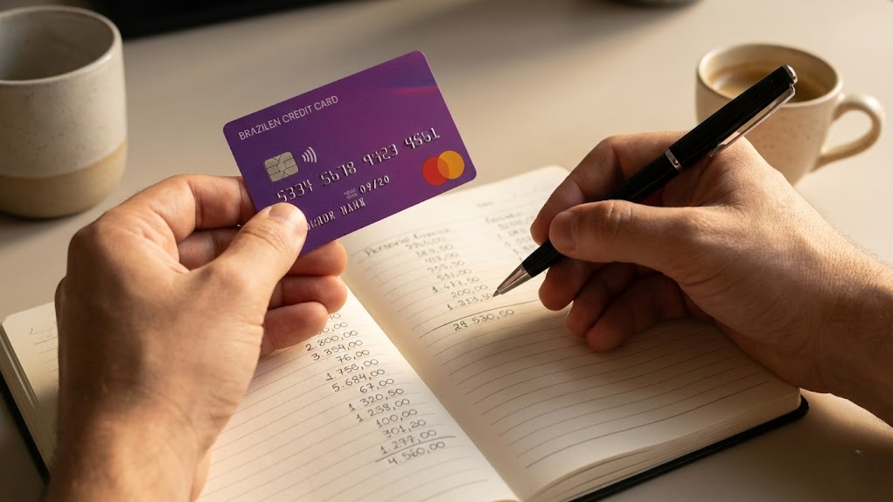 Close-up em primeira pessoa de mãos organizando o orçamento em um caderno com um cartão de crédito ao lado