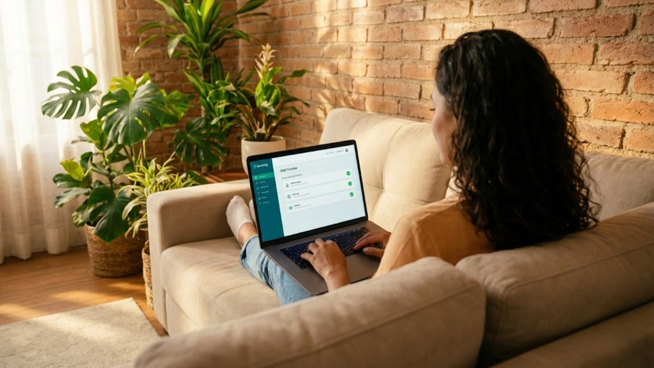 Mulher tranquila no sofá de casa usando o notebook para organizar suas finanças bancárias com sucesso