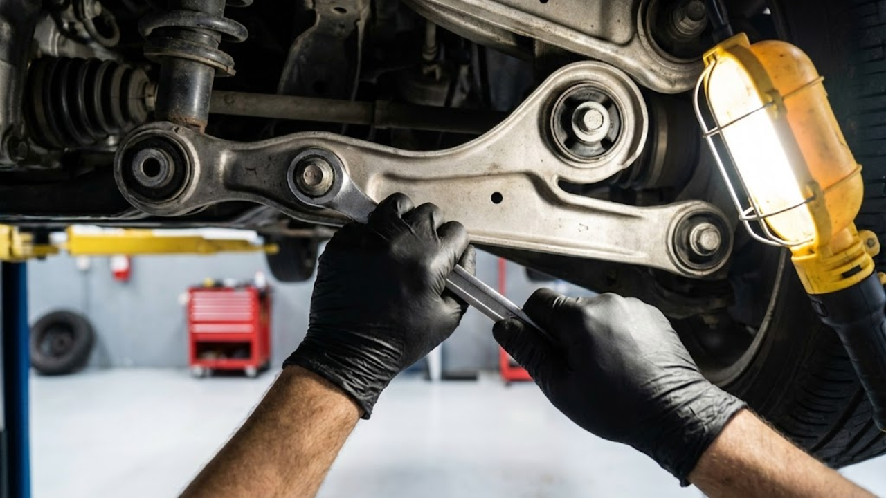 Close-up em primeira pessoa das mãos de um mecânico inspecionando a suspensão robusta e sem vazamentos do carro.
