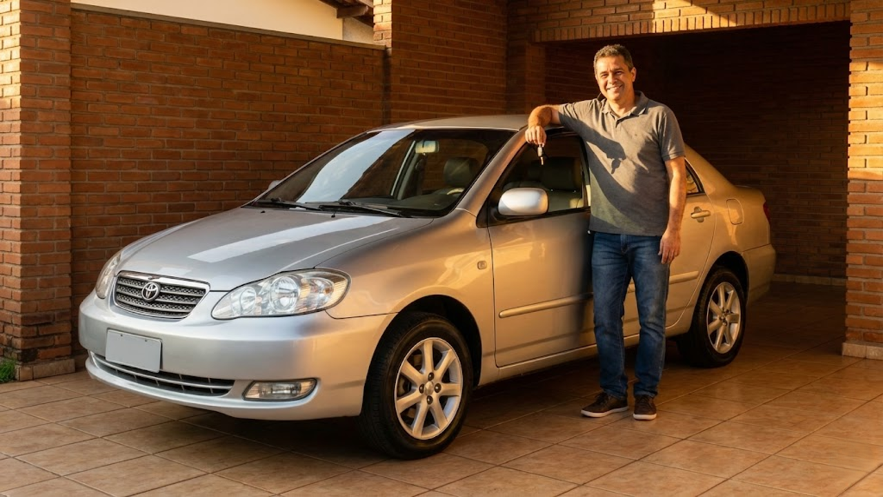 Um dono orgulhoso e aliviado sorri encostado no seu sedã prateado impecável na garagem de uma casa típica brasileira.
