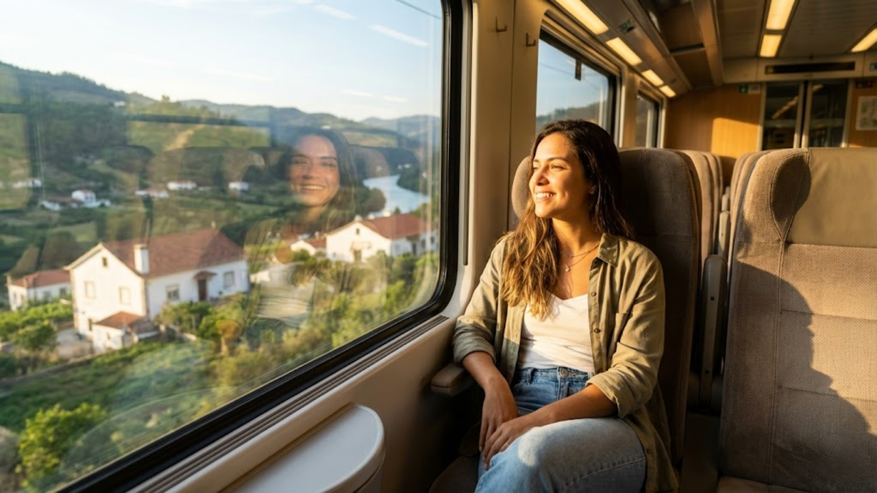 Uma turista sorri maravilhada olhando a bela paisagem portuguesa pela grande janela iluminada do trem