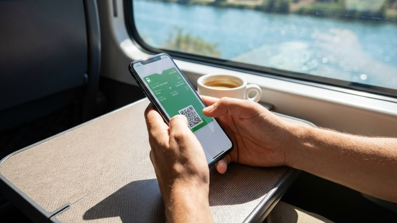 Close-up em primeira pessoa segurando o celular com a passagem digital de trem perto da janela.