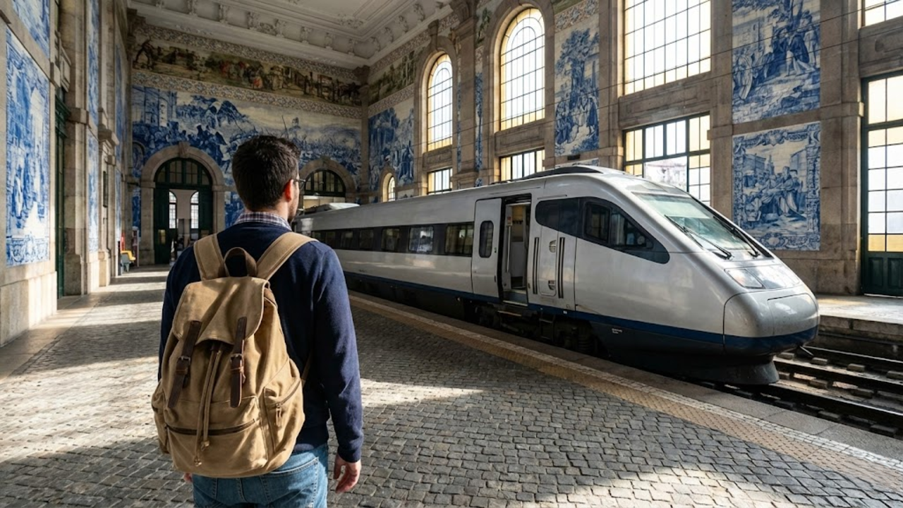 Visão sobre o ombro de um viajante admirando a estação de São Bento forrada de azulejos no Porto.