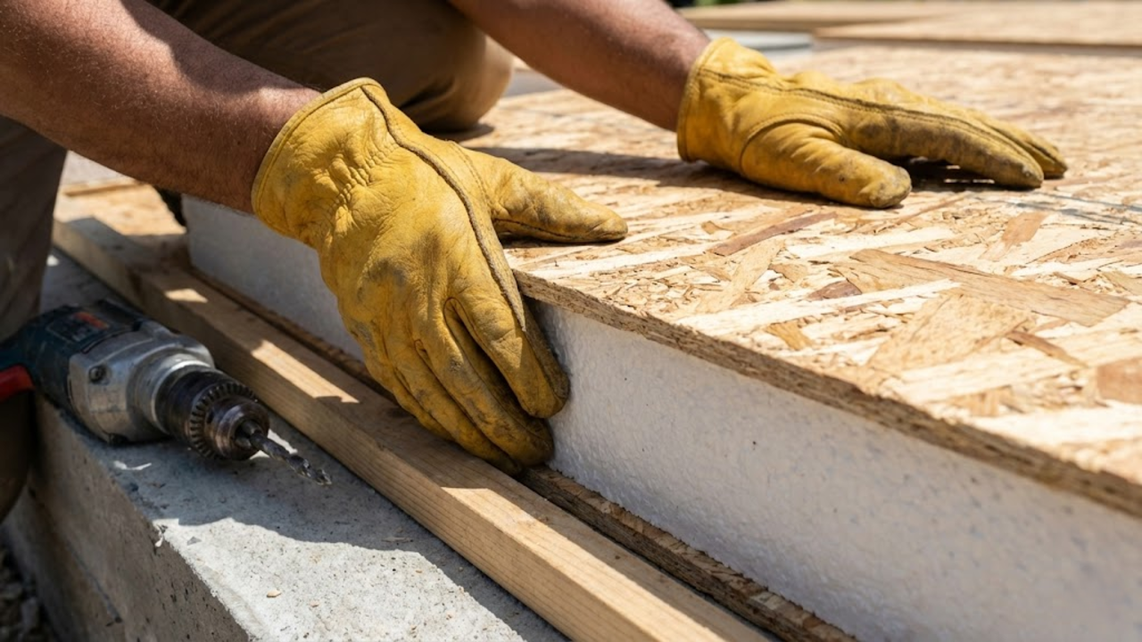 Close-up em primeira pessoa de mãos com luvas encaixando com precisão um painel SIP de madeira e isopor.