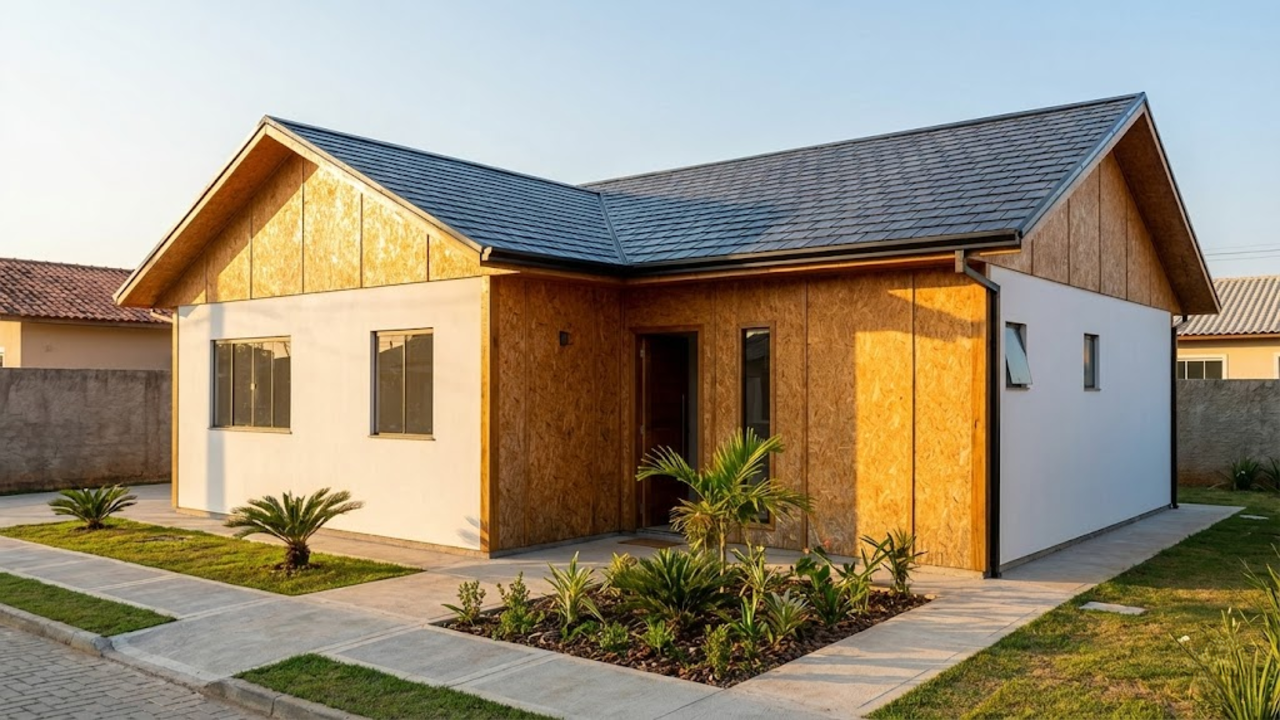 Uma linda casa modular de madeira e telhado metálico brilhando sob a luz do sol do fim de tarde