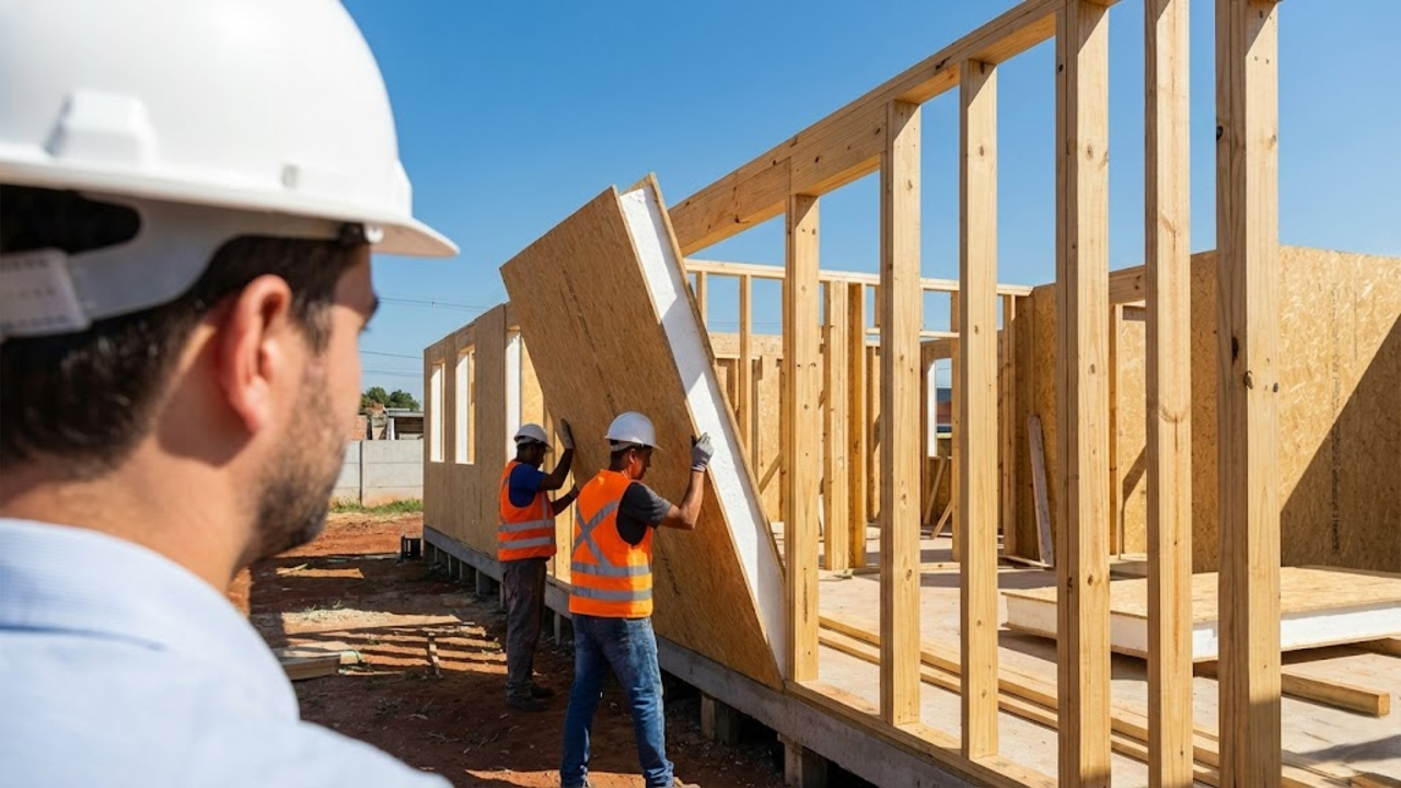 Visão ampla de operários erguendo facilmente uma grande parede leve de painel SIP em um canteiro de obras limpo