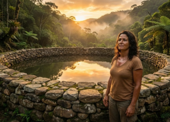 Mulher contempla seu lago de pedras artesanal sob o pôr do sol na montanha