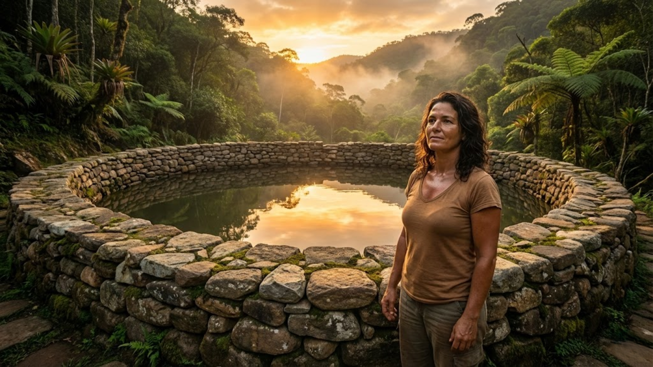 Mulher contempla seu lago de pedras artesanal sob o pôr do sol na montanha
